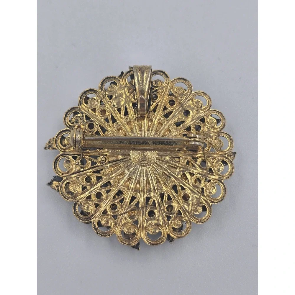 Vintage Gold Tone Filigree Black Cabochon Faux Pearl Mourning Brooch Pin Pendant